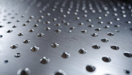 Stainless steel plate with rivets. Metal texture background.の素材