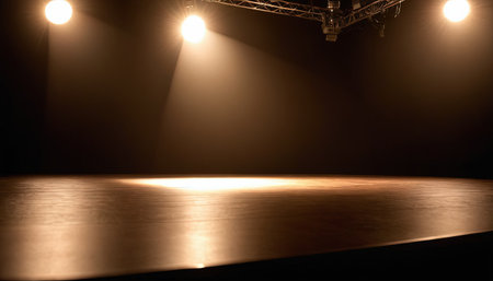 Empty stage with spotlights in the dark. Stage lights on a dark backgroundの素材