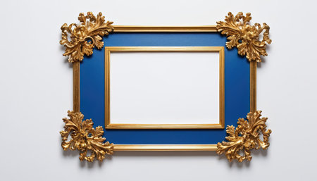 Picture frame with gold ornament on a white wall. 3d renderingの素材