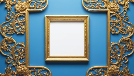 Blank picture frame on blue wall with copy space. 3d renderingの素材