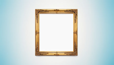 Golden picture frame on blue background with copy space. 3d renderingの素材