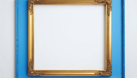 blank golden picture frame on blue wall background, 3d rendering and illustrationの素材
