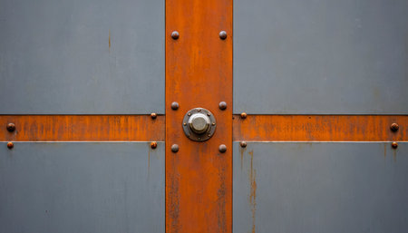 Metal door with rivets and bolt, closeup of photo.の素材