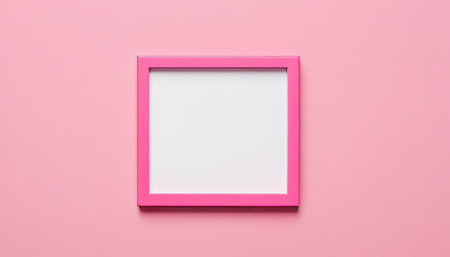 Pink photo frame on pink background. Flat lay, top view minimal concept.の素材
