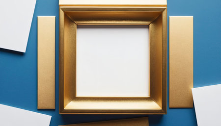 Golden frame with blank paper sheets on blue background. 3d renderingの素材