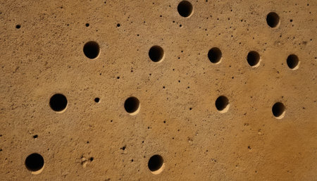 Close up view of round holes in a stone wall. Abstract background.の素材