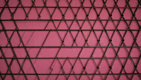 Old metal grid on a pink wall. Abstract background and texture for design.の素材