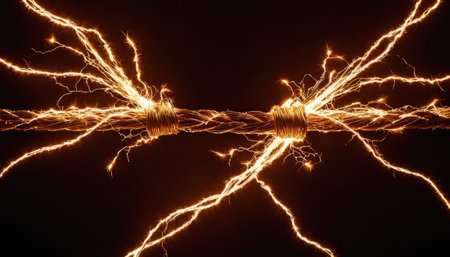 close up of electric lightning in a wire on black background with copy spaceの素材