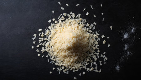 Pile of grated parmesan cheese on a black backgroundの素材