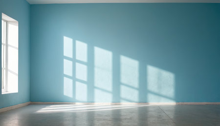 Empty room with blue wall and window. 3d rendering mock upの素材
