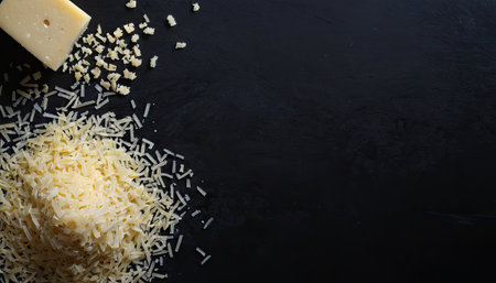 Pile of grated parmesan cheese on a black backgroundの素材