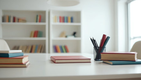 Books on the table in the library. Back to school concept.の素材