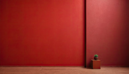 empty room with red wall and wooden cube. 3d render illustrationの素材