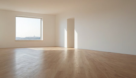 Empty room with white walls and wooden floor. 3d rendering.の素材
