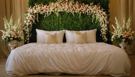 White pillow on the bed decorated with flowers and greenery in the bedroomの素材