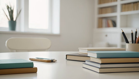 Close up view of books and pencils on white table in officeの素材