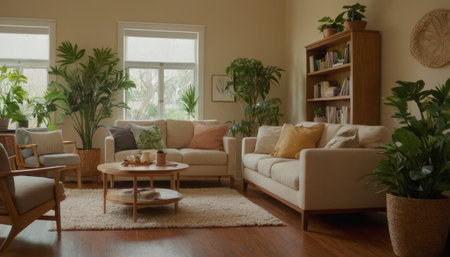 Living room interior with sofa, coffee table, bookshelf and plantsの素材