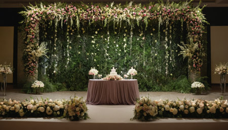 Wedding ceremony in a restaurant decorated with flowers and greeneryの素材