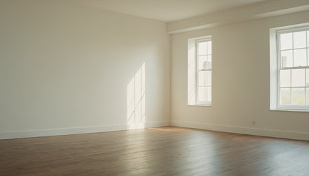 Empty room with white walls, wooden floor and window. Nobody insideの素材