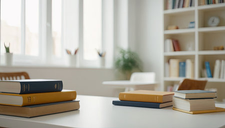 Stack of books on table in library. Education and learning concept.の素材