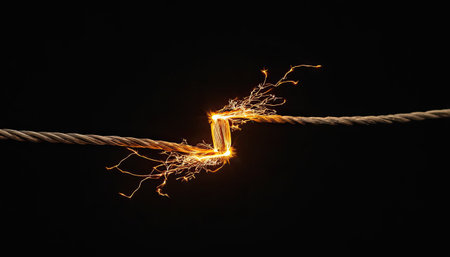 Burning sparks on the rope in a dark room, close upの素材