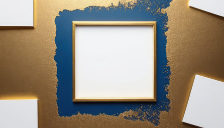 Blank picture frame on golden background. Mock up, 3D Renderingの素材