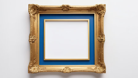 Gold frame on a blue background with blank space for your text.の素材