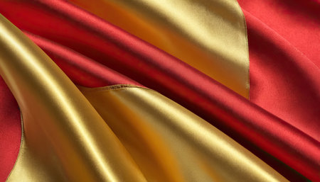 Closeup of rippled red and gold satin silk fabricの素材