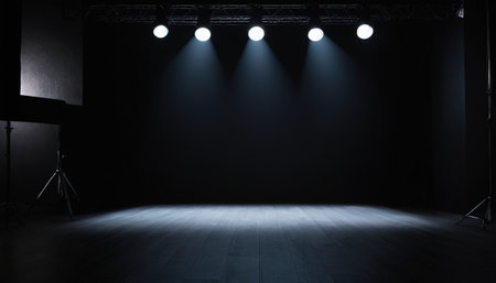 stage lighting effect in the dark room with spotlights on the wallの素材