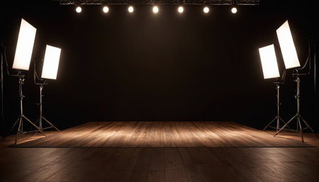 Empty photo studio with floodlights and spotlights. 3D renderingの素材