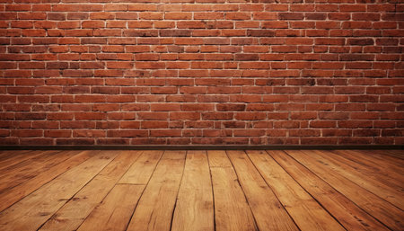 Old red brick wall and wooden floor interior background. Vintage wood floorの素材
