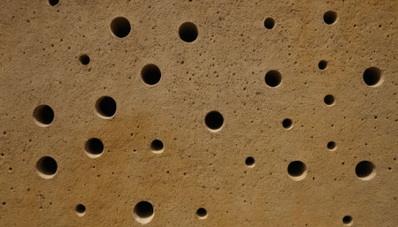 Close up of a cement wall with holes in the shape of a circleの素材
