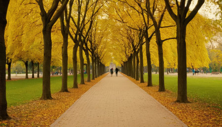 Ginkgo trees in a row in the park in autumn.の素材