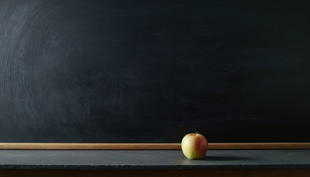 Back to school concept. Apple on blackboard background with copy spaceの素材