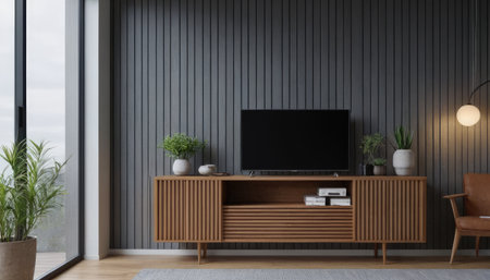 TV on the cabinet in modern living room. 3d rendering.の素材