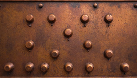 Close-up of a rusty metal door with rivets and rivetsの素材