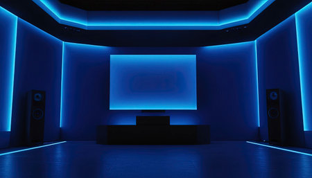 3D rendering of a blue studio interior with a projector and speakersの素材