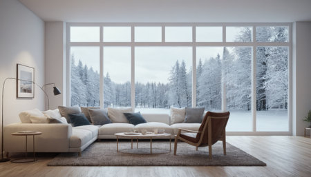 Interior of modern living room with panoramic windows, wooden floor and sofa 3D renderingの素材
