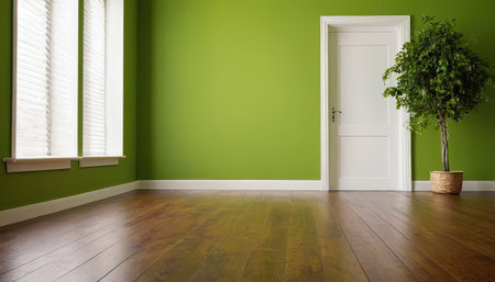 Green empty room with green wall and wooden floor, 3d renderの素材
