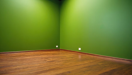 Interior of empty room with green wall and wooden floor. Nobody insideの素材