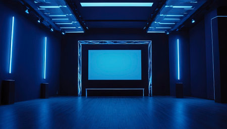 Futuristic dark blue interior with neon lights. 3D renderingの素材