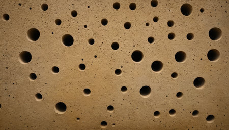 Close-up of round holes on a concrete wall. Abstract background.の素材