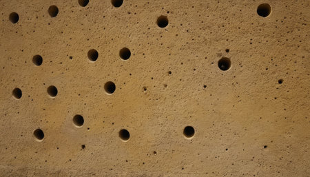 Close up of a concrete wall with holes in the shape of a circleの素材