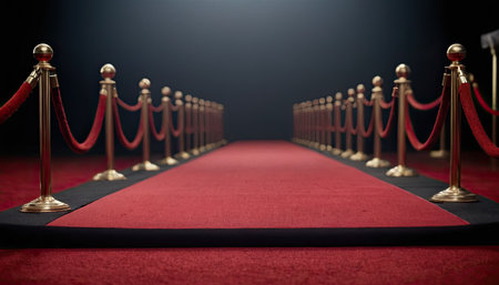 Red carpet with golden rope barrier on black background. 3D renderingの素材