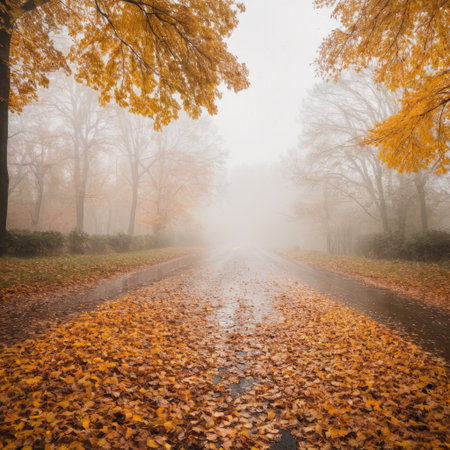 Autumnal road in the foggy forest with yellow leaves.の素材