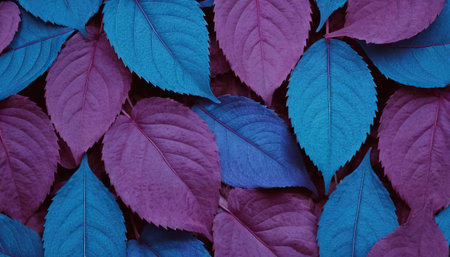Colorful leaves background. Purple and blue color leaves pattern. Nature background.の素材