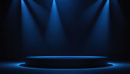 Stage podium illuminated with spotlight. Award ceremony concept. 3D Renderingの素材