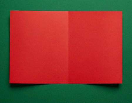 Red paper sheet on green background. Top view. Copy space.の素材