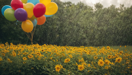 Sunflower field with rainbow balloons and rain drops. Vintage style.の素材