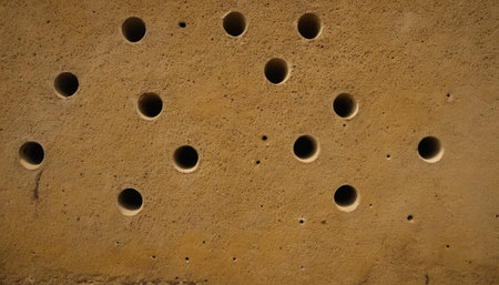 Round holes on the wall of an ancient building. Abstract background.の素材